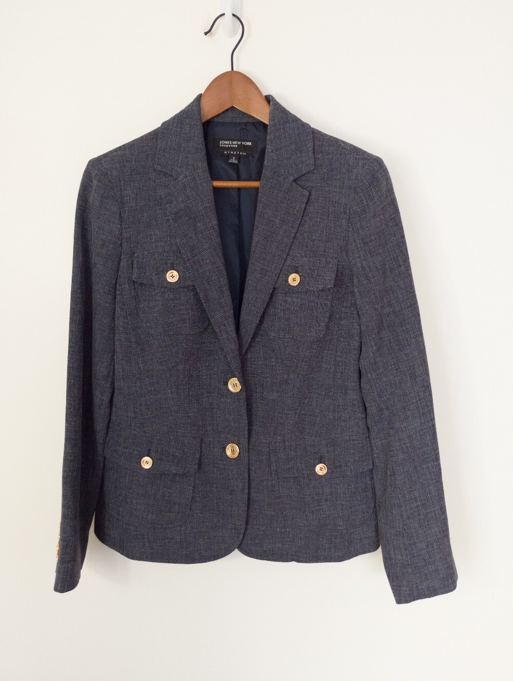 Jones New York Collection Stretch 4 Pocket Safari Blazer Jacket Blue Grey 8